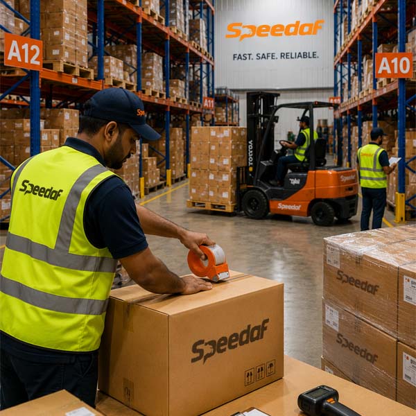 Warehouse forklift driver team member loading goods